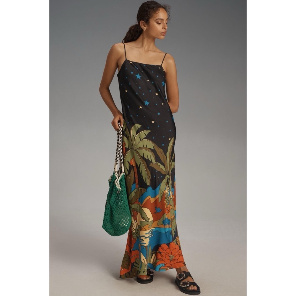 Anthropologie Farm Rio Tropical Night Sky Floral Maxi Slip Dress XXS Black NWT